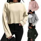 Damen lässiger Crop-Pullover mit strukturierten Säumen und Rundhalsausschnitt
