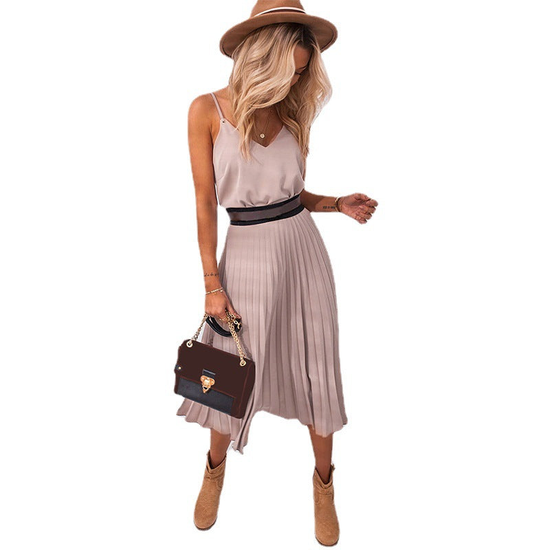 Damen Plissee Midi-Kleid mit Spaghettiträgern und schmeichelnder Silhouette R&B