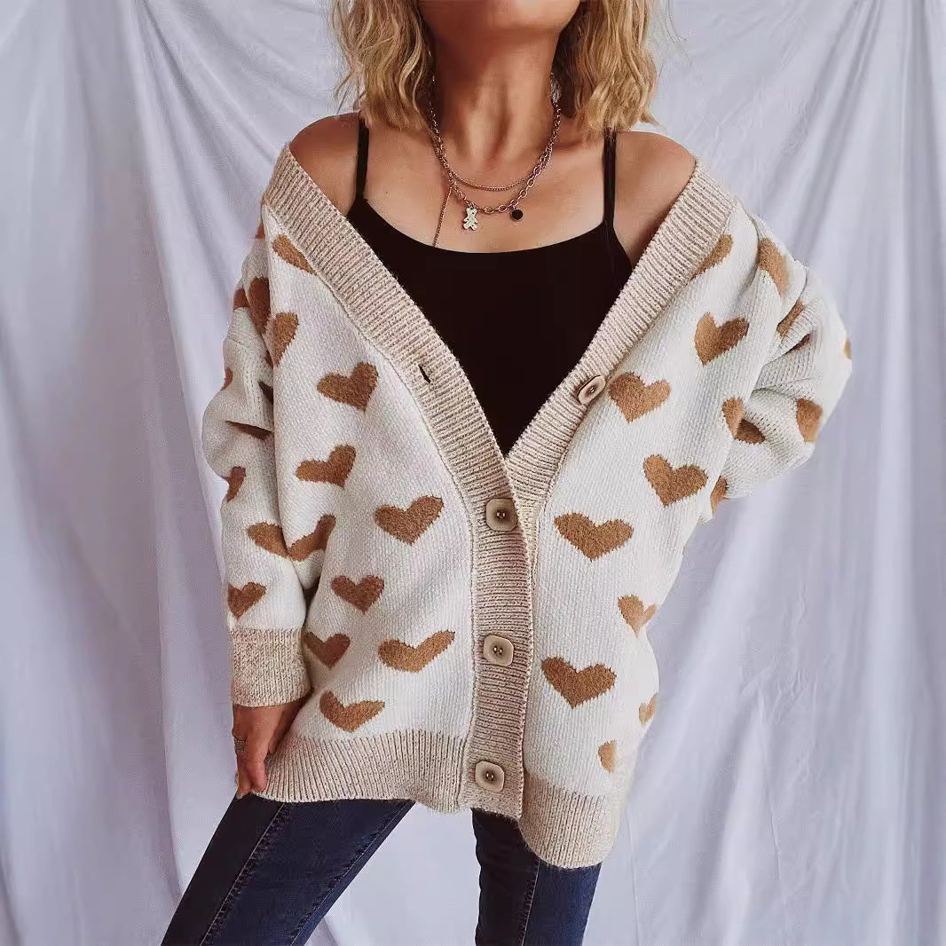Damen Strickjacke mit herzförmigem Muster und knöpfbarem Design R&B