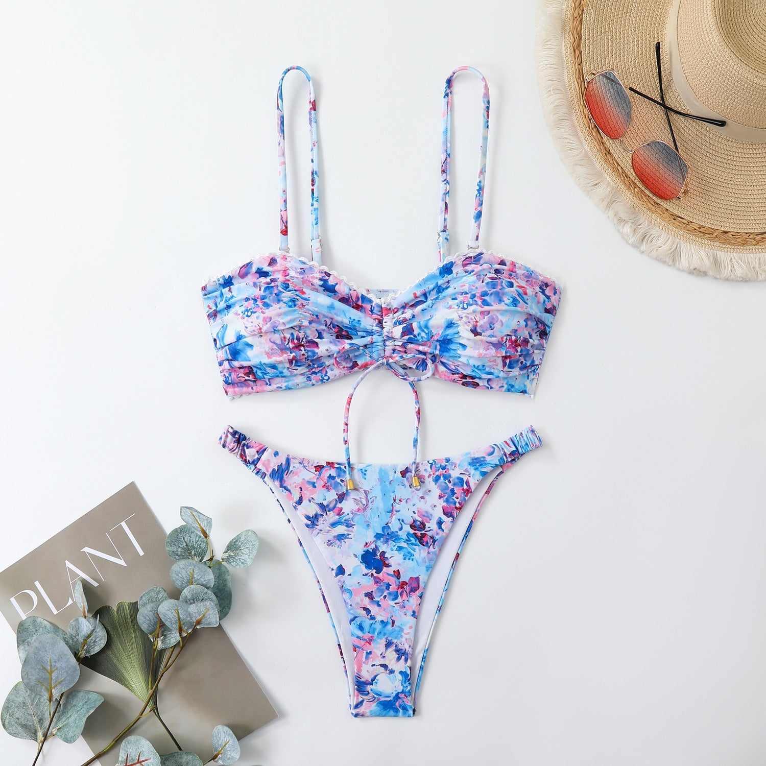 Damen-Bikini-Set mit Raffung und romantischem Blumendesign R&B