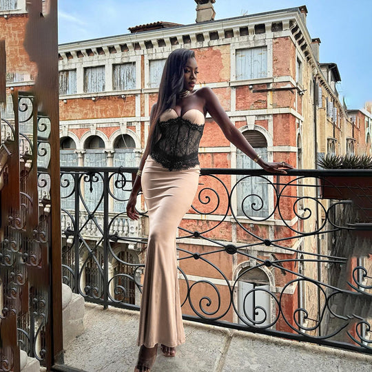 Damen Langarm-Boudoir-Kleid mit Spitzenoberteil R&B