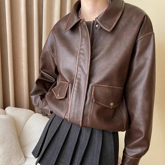 Damen Kunstlederjacke mit praktischen Taschen und modischem Schnitt R&B