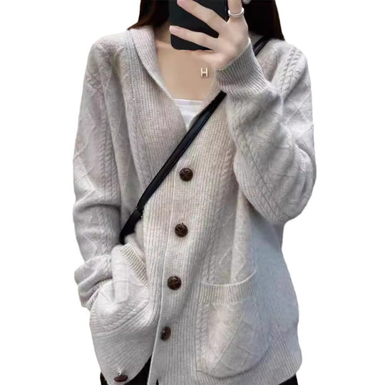 Damen Strickcardigan mit eleganter Struktur und großen Holzknöpfen R&B