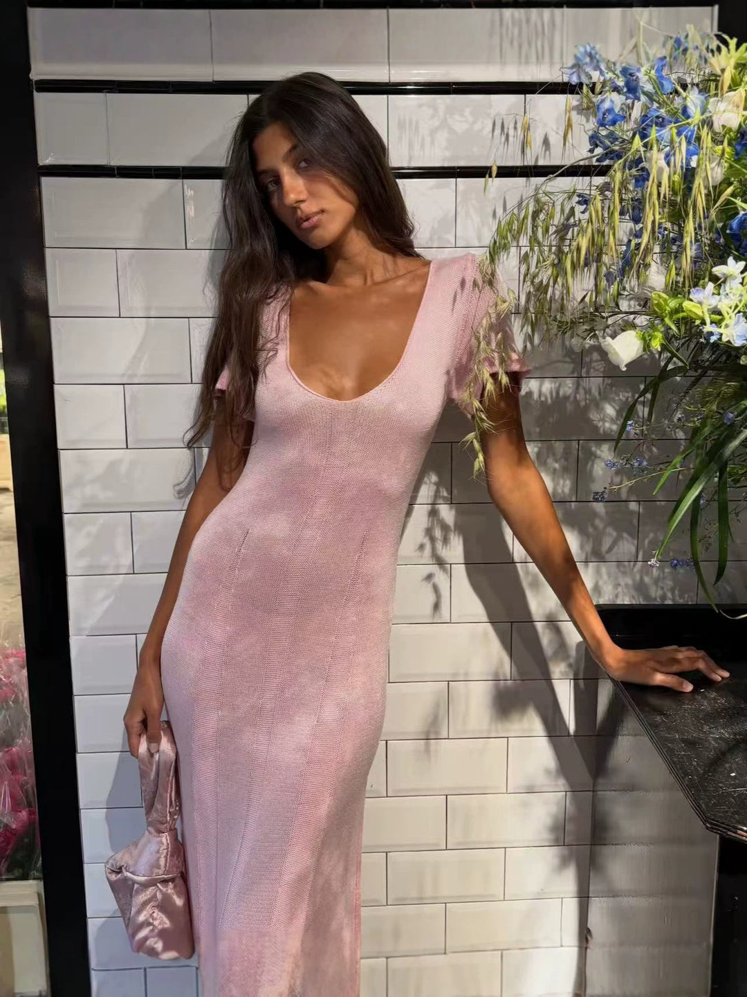 Damen elegantes figurbetontes Maxikleid mit V-Ausschnitt R&B