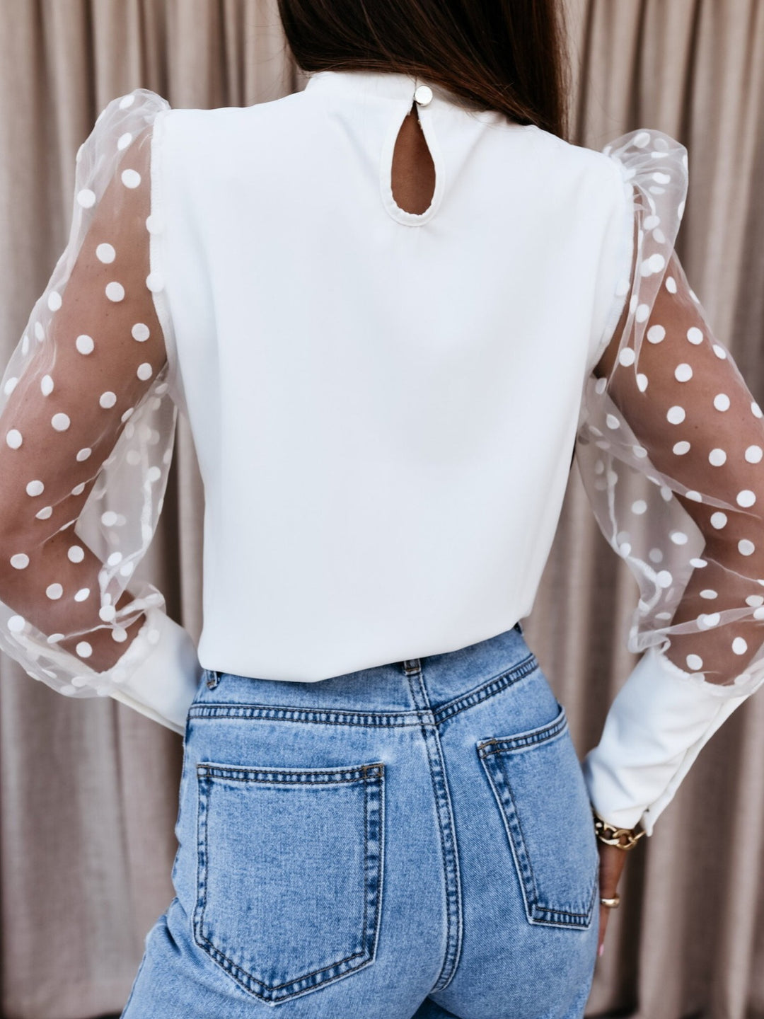 Damen Elegante Bluse mit transparenten Puffärmeln und Punkten R&B