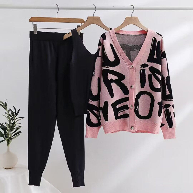 Damen gemütliches Strick-Loungewear-Set mit Dekorativem Schriftzug R&B