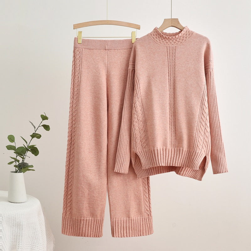 Damen komfortables Strick-Loungewear-Set mit hohen Bündchen und dekorativen Zopfmustern R&B