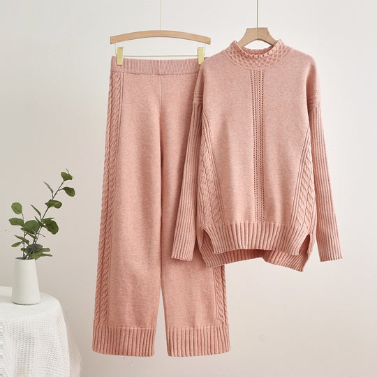 Damen komfortables Strick-Loungewear-Set mit hohen Bündchen und dekorativen Zopfmustern R&B