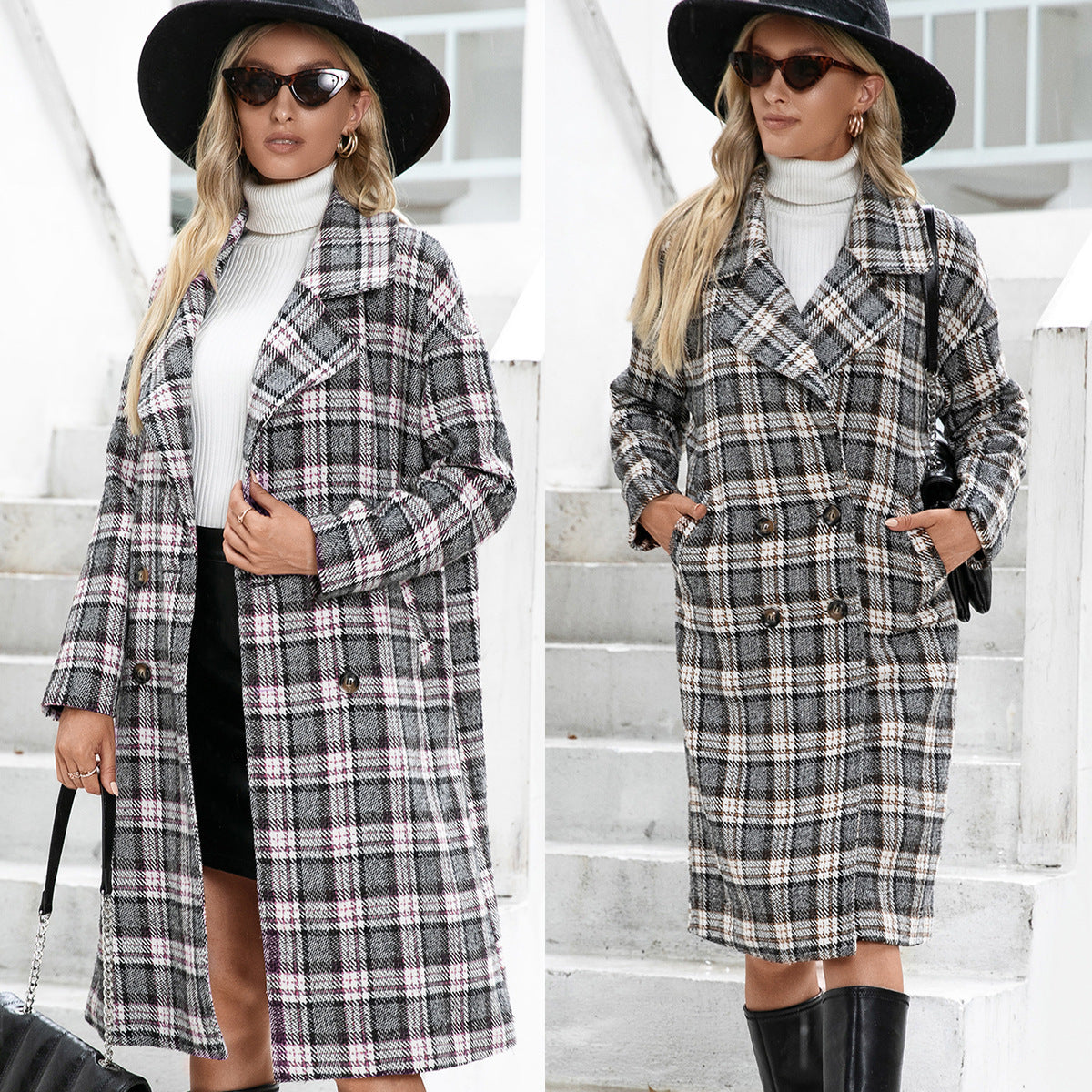 Damen Oversized Karo-Mantel im eleganten Double-Breasted Design