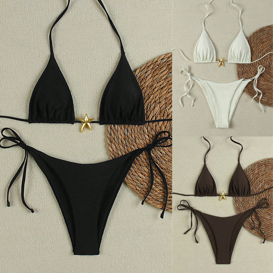 Damen Triangel-Bikini-Set mit verstellbaren Trägern und dekorativem Schmuckelement R&B