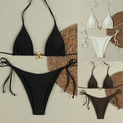 Damen Triangel-Bikini-Set mit verstellbaren Trägern und dekorativem Schmuckelement R&B