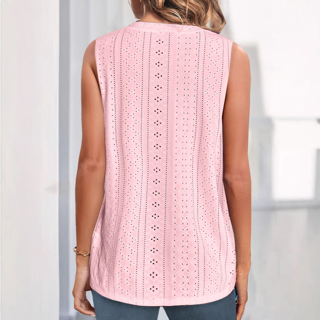 Damen nan ärmelloses Broderie-Anglaise-Top mit V-Ausschnitt und dekorativer Zierknopfleiste R&B