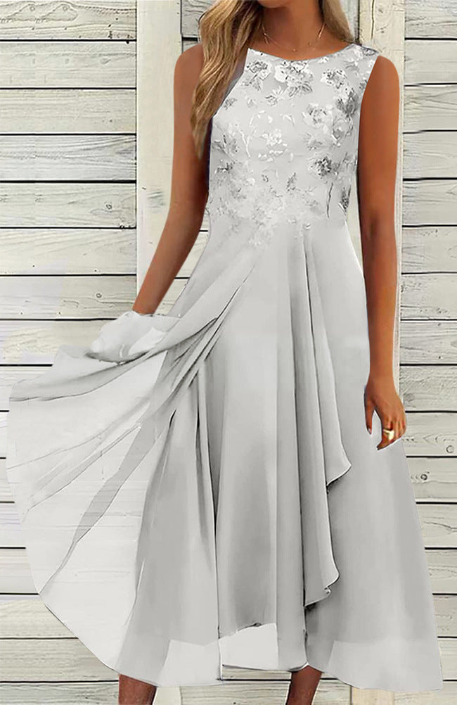 Damen nan ärmelloses Chiffon-Midikleid mit bestickter Brustpartie und asymmetrischem Lagenrock R&B