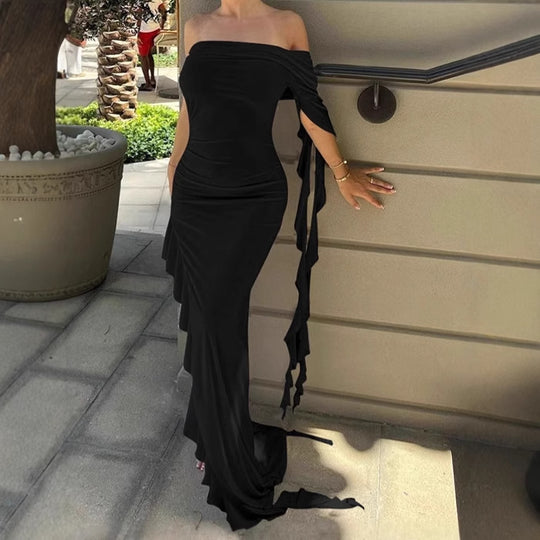 Damen Elegantes Off-Shoulder Maxikleid mit asymmetrischem Saum und Rüschendetails R&B