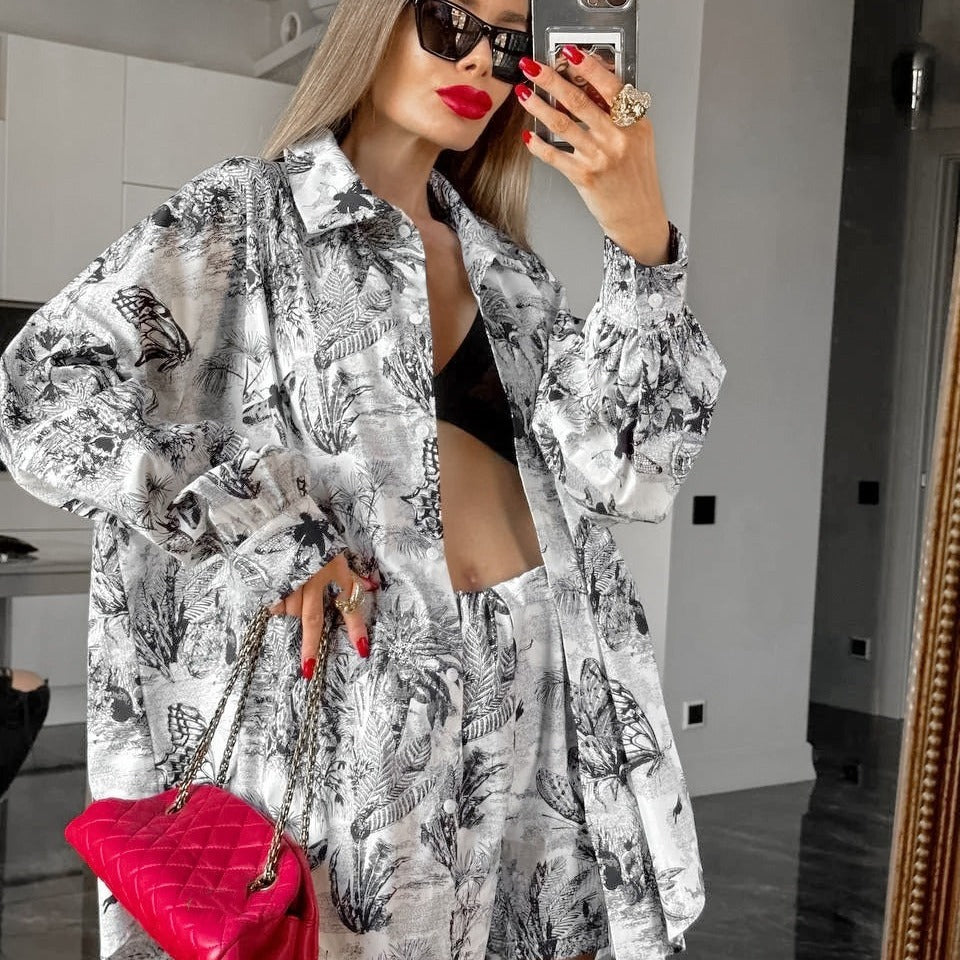 Damen Oberteil und Shorts-Set mit floralem Druck und langem Arm R&B