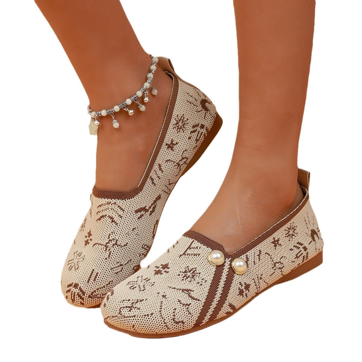 Damen Ballerinas mit modischem Ethno-Muster und dekorativen Perlen R&B