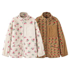 Damen nan Teddy-Fleece Jacke mit floralem Muster, Feincord-Einsätzen, Stehkragen und Reißverschluss R&B