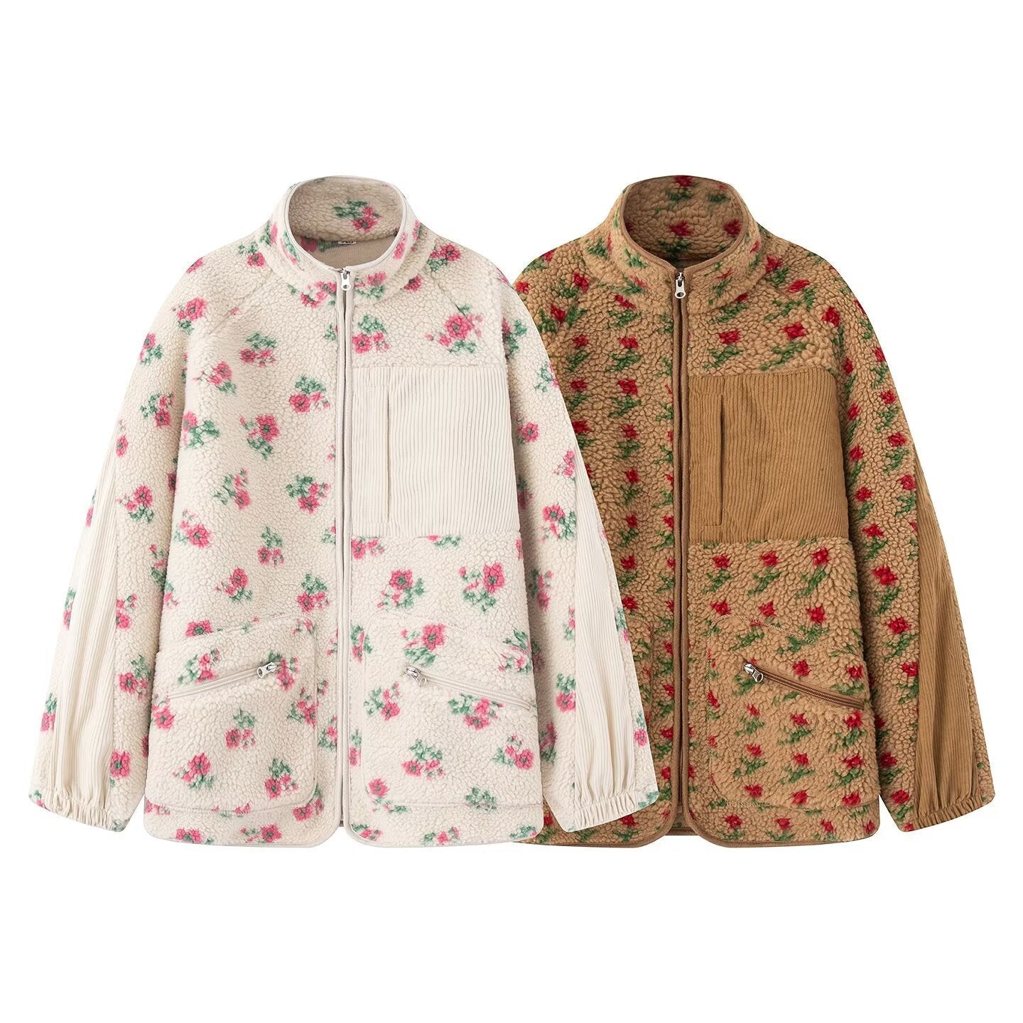 Damen nan Teddy-Fleece Jacke mit floralem Muster, Feincord-Einsätzen, Stehkragen und Reißverschluss R&B