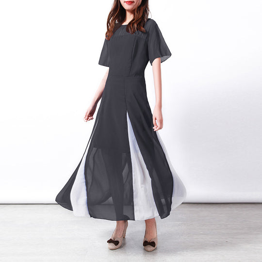 Damen Maxi-Langarmkleid mit transparenten Ärmeln und seitlichem Schlitz R&B