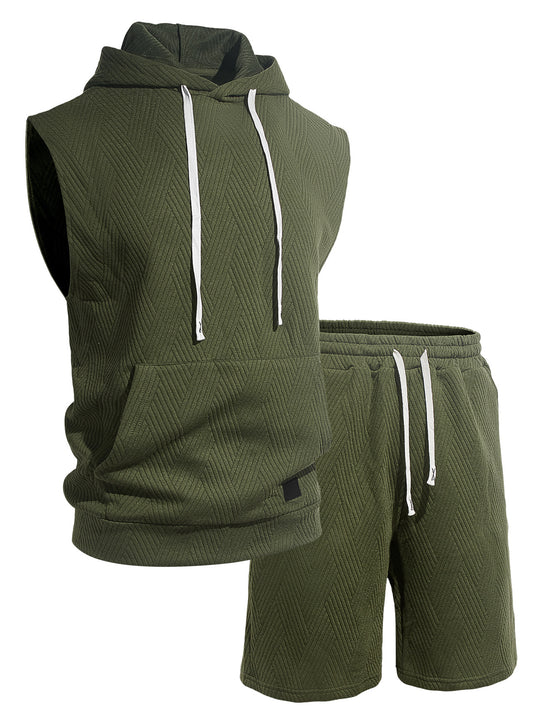Herren nan ärmelloses Kapuzen-Lounge-Set aus strukturierter Baumwollmischung mit Kängurutasche und elastischer Freizeithose R&B
