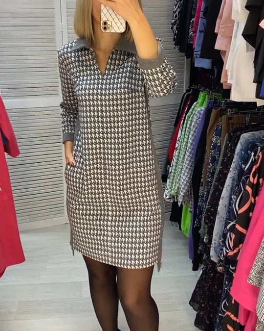 Damen Hemdblusenkleid mit modernem Hahnentrittmuster und praktischen Seitentaschen Heidi-Mode