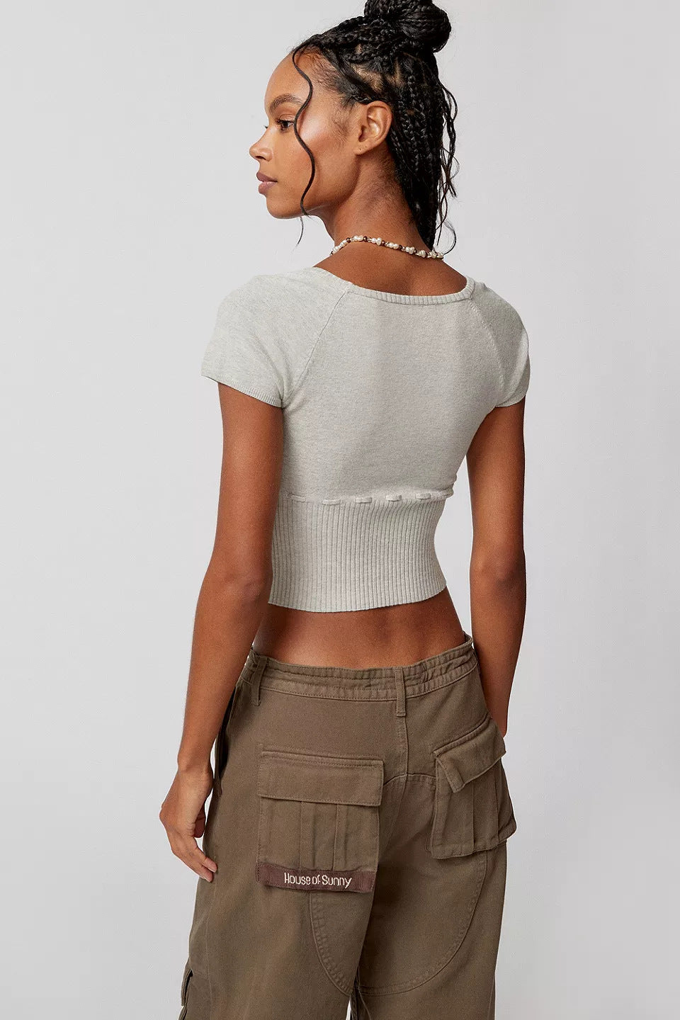 Damen Cropped Strickoberteil mit variabler Schnürung und tiefem Ausschnitt R&B