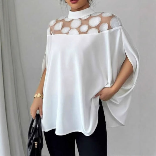 Damen nan elegante Tunika-Bluse mit Stehkragen, transparenter Rund-Applikationspasse und Cape-Ärmeln R&B