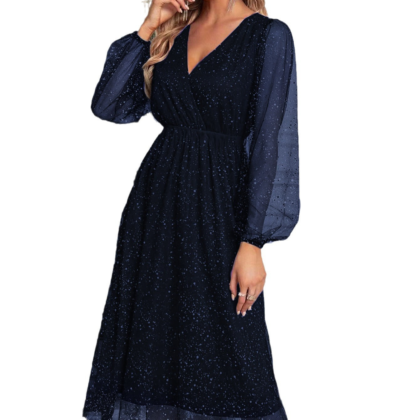 Damen Glamouröses Midikleid mit transparenten Puffärmeln und schimmerndem Paillettenmuster R&B