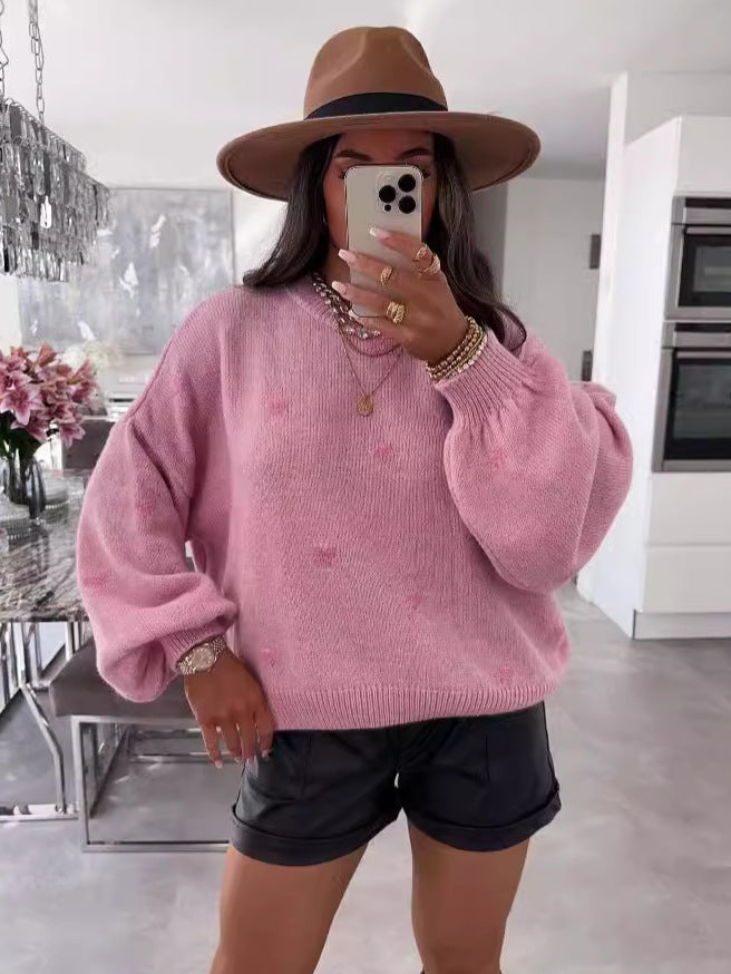 Damen lässiger Strickpullover mit herzförmigen Mustern und angeschnittenen Ärmeln R&B