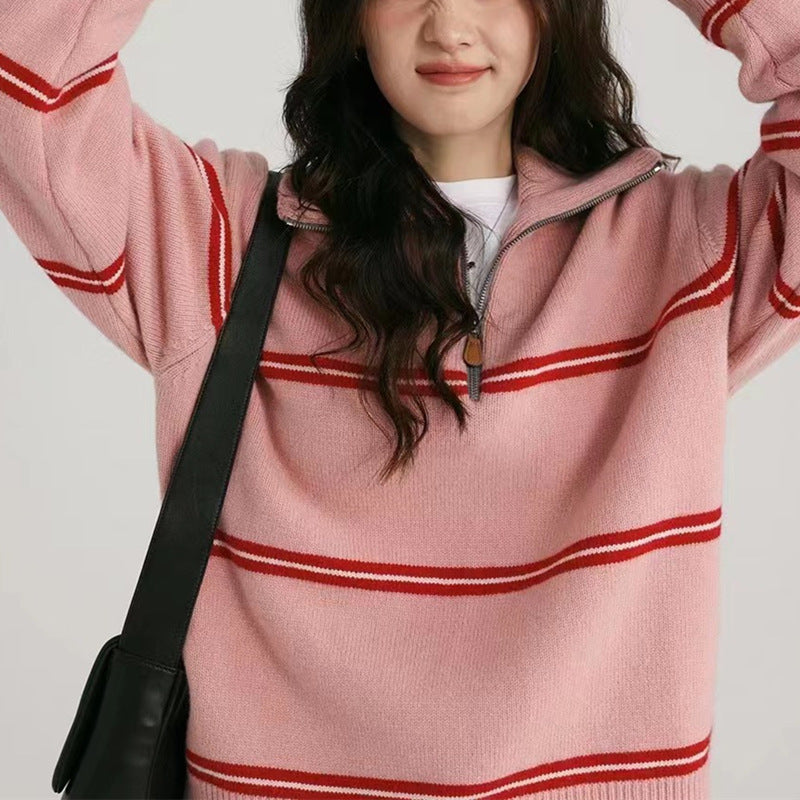 Damen gestreifter Pullover mit hohem Kragen und Reißverschluss R&B