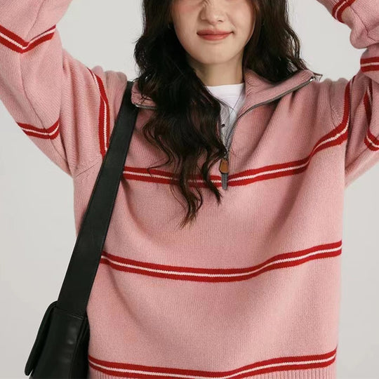 Damen gestreifter Pullover mit hohem Kragen und Reißverschluss R&B