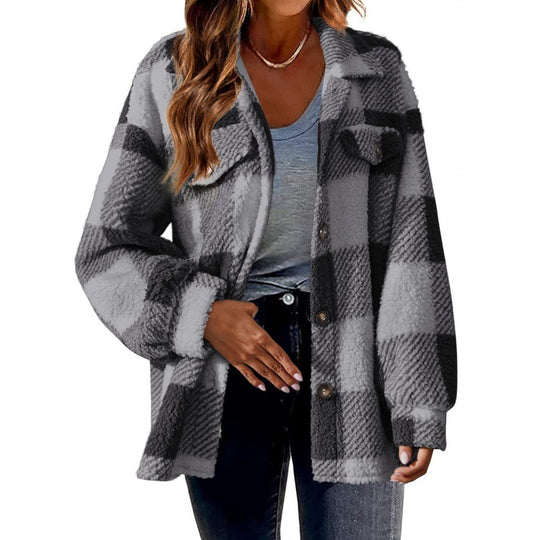 Damen Flauschige Karojacke mit Druckknopfverschluss und praktischen Taschen R&B
