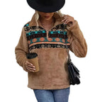 Damen Fleece-Pullover mit modischem Reißverschluss und buntem Muster R&B