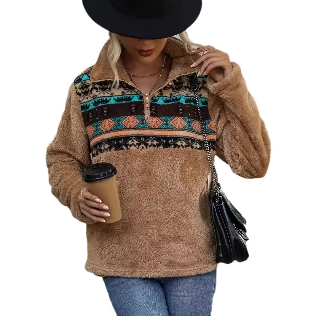 Damen Fleece-Pullover mit modischem Reißverschluss und buntem Muster R&B