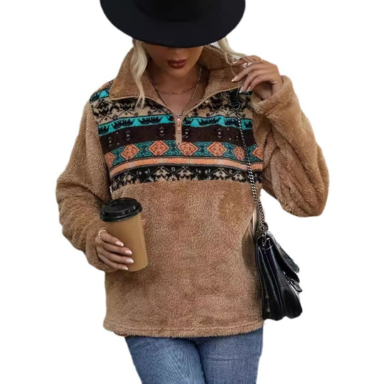 Damen Fleece-Pullover mit modischem Reißverschluss und buntem Muster R&B