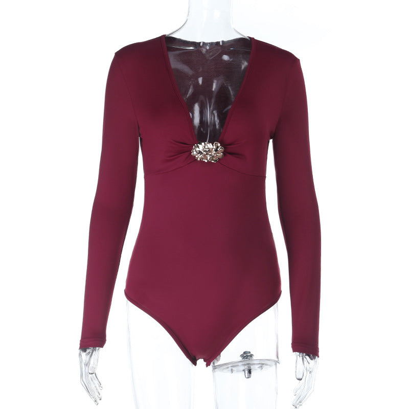 Damen eleganter einteiliger Badeanzug mit tiefem V-Ausschnitt und langem Arm R&B