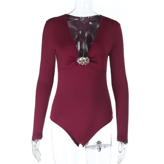Damen eleganter einteiliger Badeanzug mit tiefem V-Ausschnitt und langem Arm R&B
