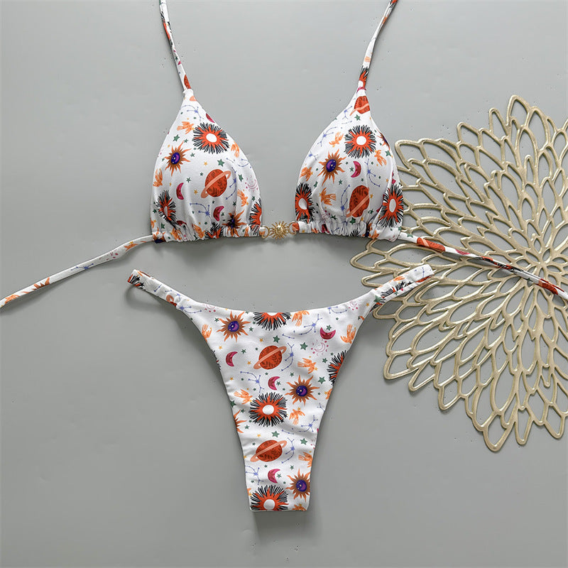 Damen Triangel-Bikini mit floralem Muster und eleganter Goldschließe R&B