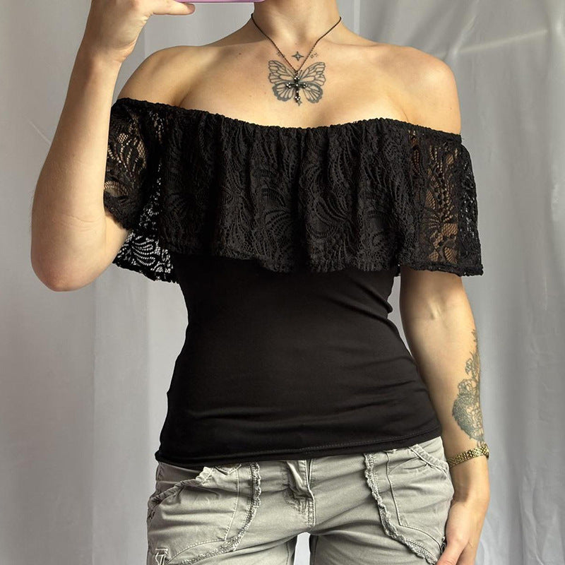 Damen Off-Shoulder Oberteil mit Rüschendetails und eleganten Spitzenakzenten R&B