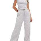 Damen lässiger Zweiteiler mit cropped Oberteil und weitem Beinkleid R&B