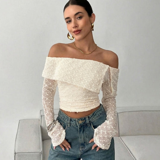 Damen Off-Shoulder Oberteil mit eleganten Rüschendetails und langen Ärmeln R&B