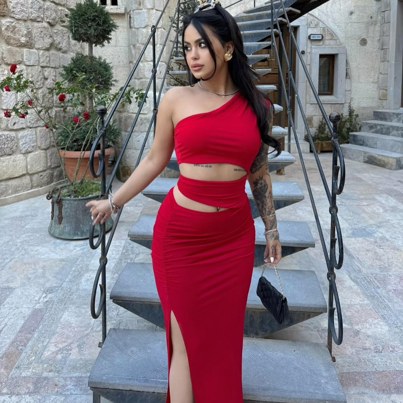 Damen asymmetrisches Maxikleid mit Rüschen und hohem Seitenschlitz R&B