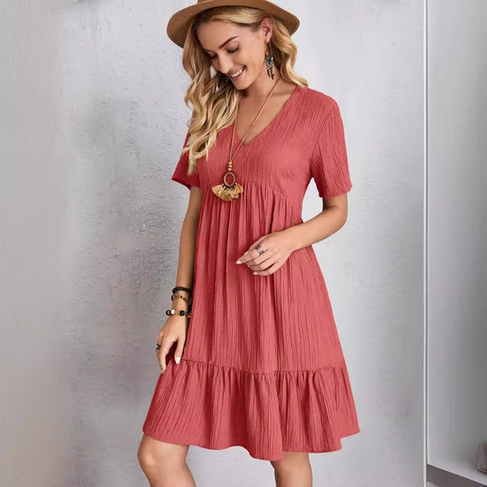 Damen lässiges V-Ausschnitt Kleid mit Schößchen und Rüschendetails R&B