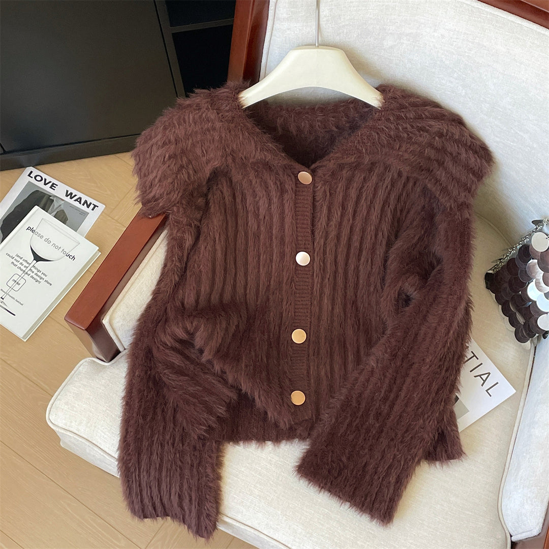 Damen Flauschige Strickjacke mit breitem Kragen und Knopfleiste R&B