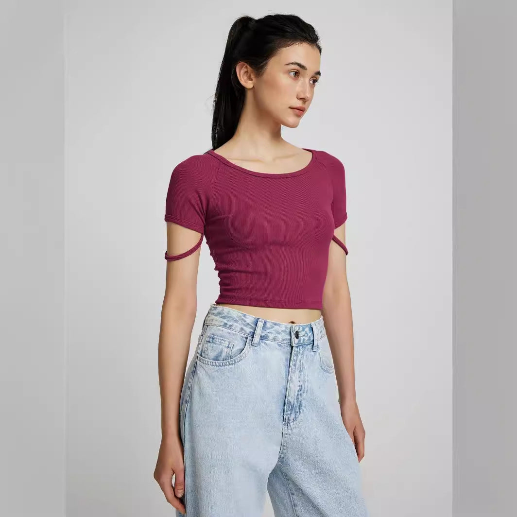 Damen kurzärmliges enganliegendes Crop-Top mit Rundhalsausschnitt R&B