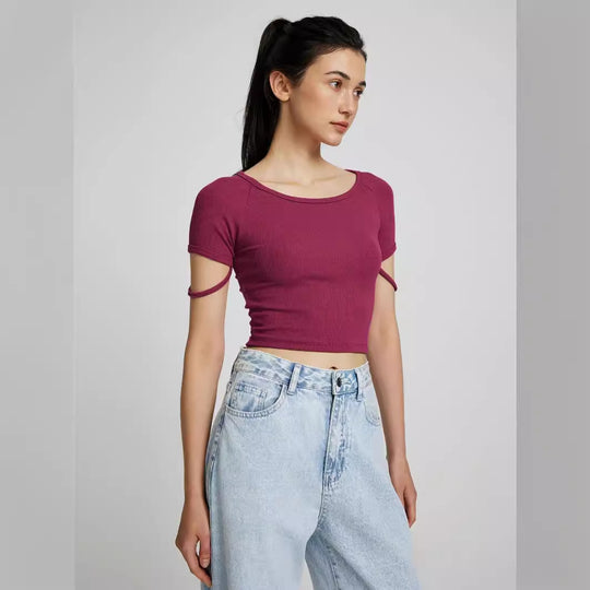 Damen kurzärmliges enganliegendes Crop-Top mit Rundhalsausschnitt R&B