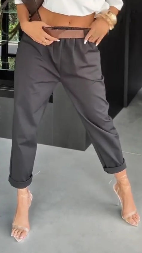 Damen nan hochtaillierte Paperbag-Hose mit gerafftem Bund, Eingrifftaschen und gekrempeltem Saum R&B