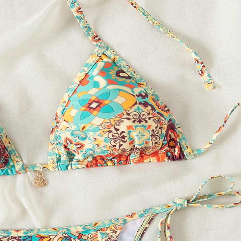 Damen Triangel-Bikini mit verspieltem Bindesystem und farbenfrohem Muster R&B