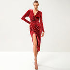 Damen Glamouröses Wickelkleid aus Velours mit tiefem Schlitz R&B
