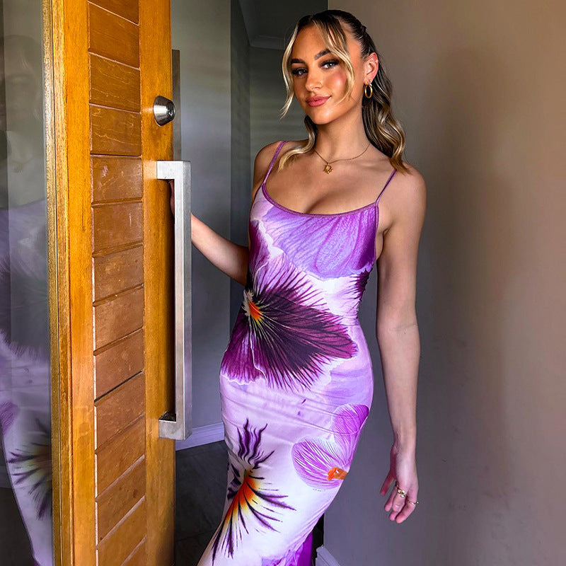Damen trendiges Maxi-Kleid mit floralem Muster und schmalen Spaghettiträgern R&B